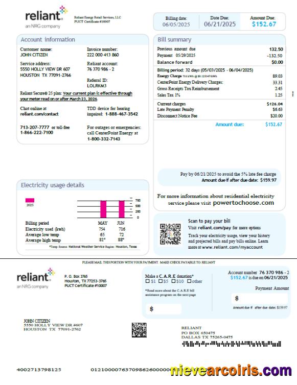 USA Reliant Energy utility bill, version 3